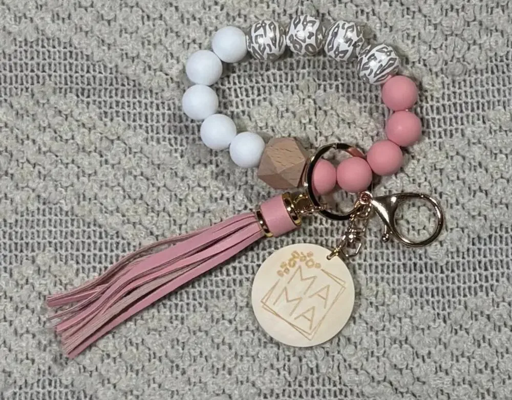 Mama Silicone Beaded Keychain Wristlet with Pink Tassel